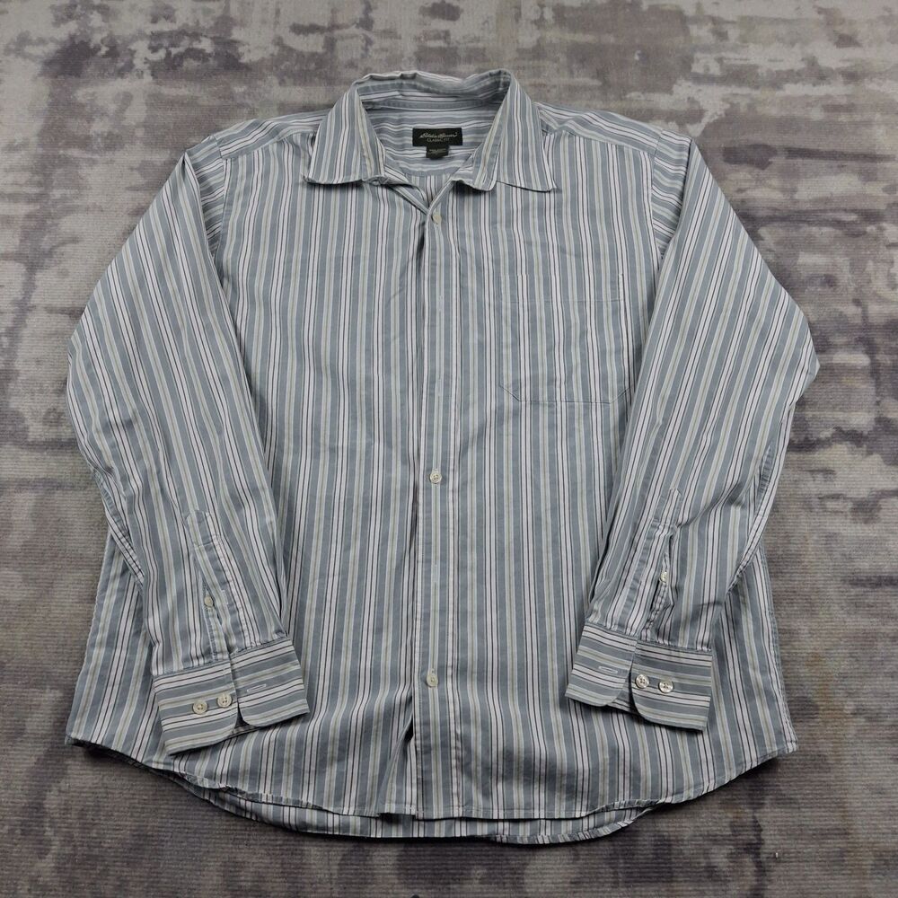 Eddie Bauer Shirt Mens Large L Classic Fit Multi Stripe Button Down Blue Tan...